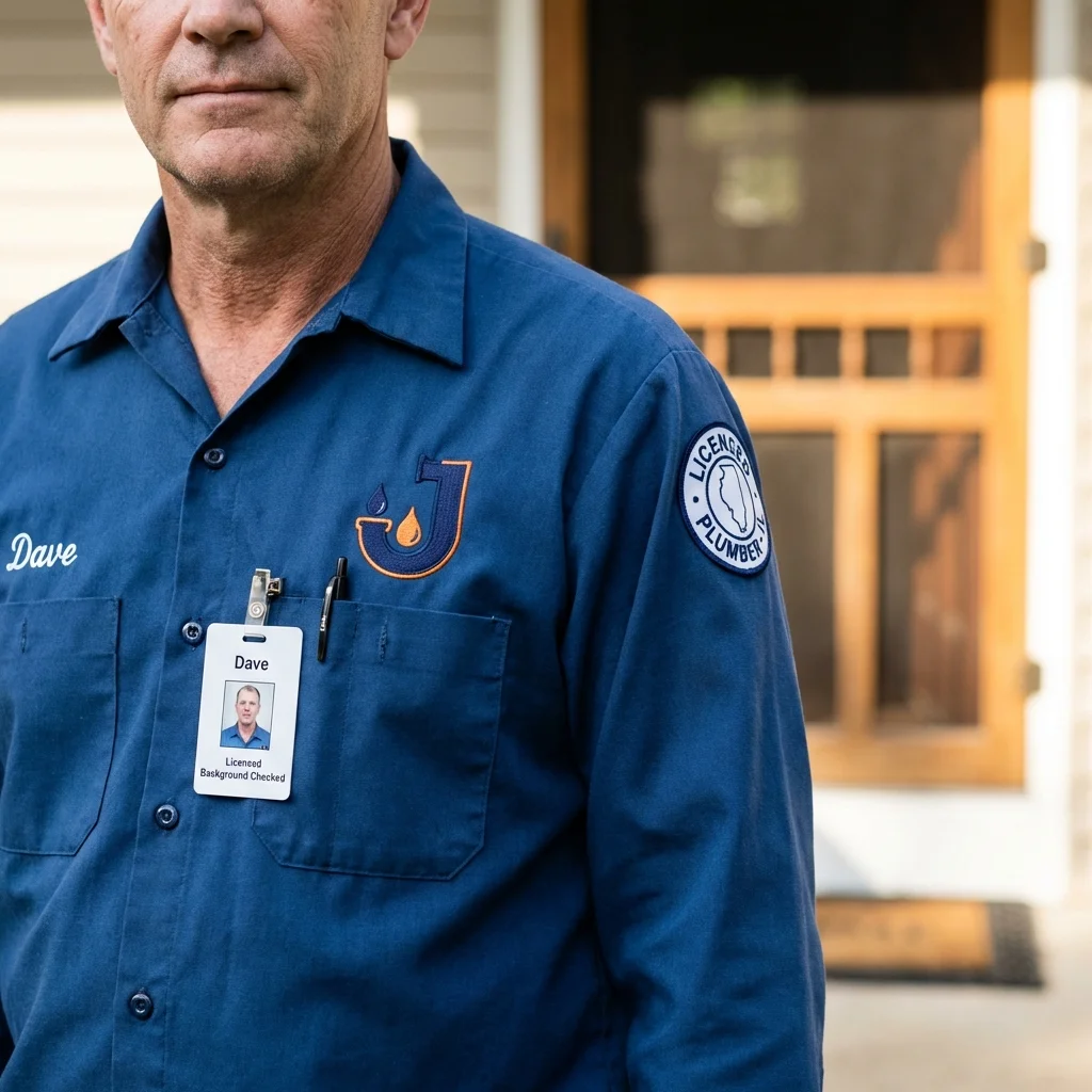 Licensed plumber showing ID badge in New Paris, IN