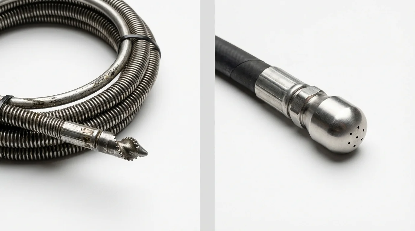Drain snake cable and hydro jetting nozzle used for drain cleaning in New Paris, IN
