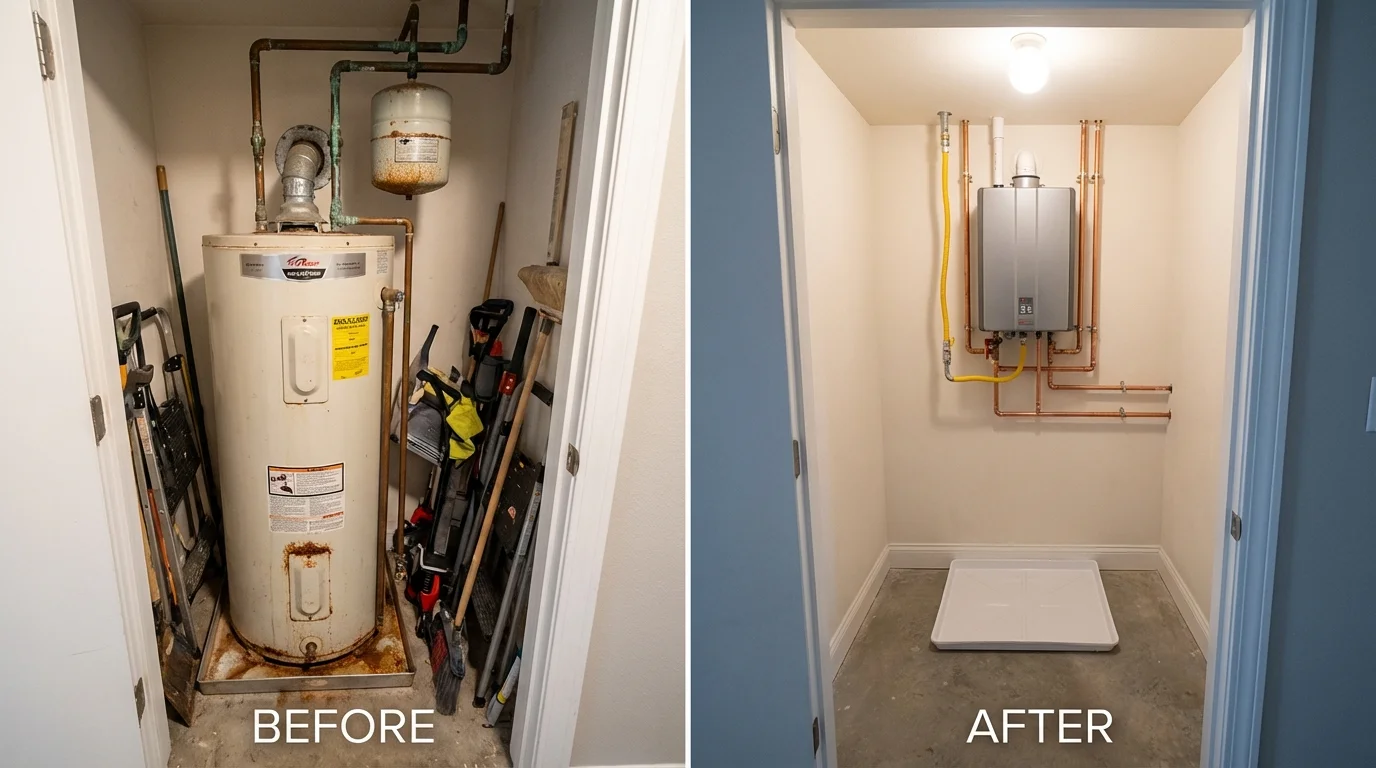 Tank water heater versus wall-mounted tankless unit comparison for New Paris, IN homeowners