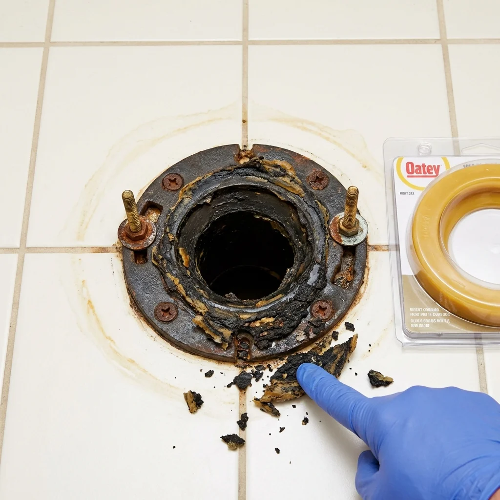Failed wax ring showing water seepage at the base of a toilet in a New Paris, IN home