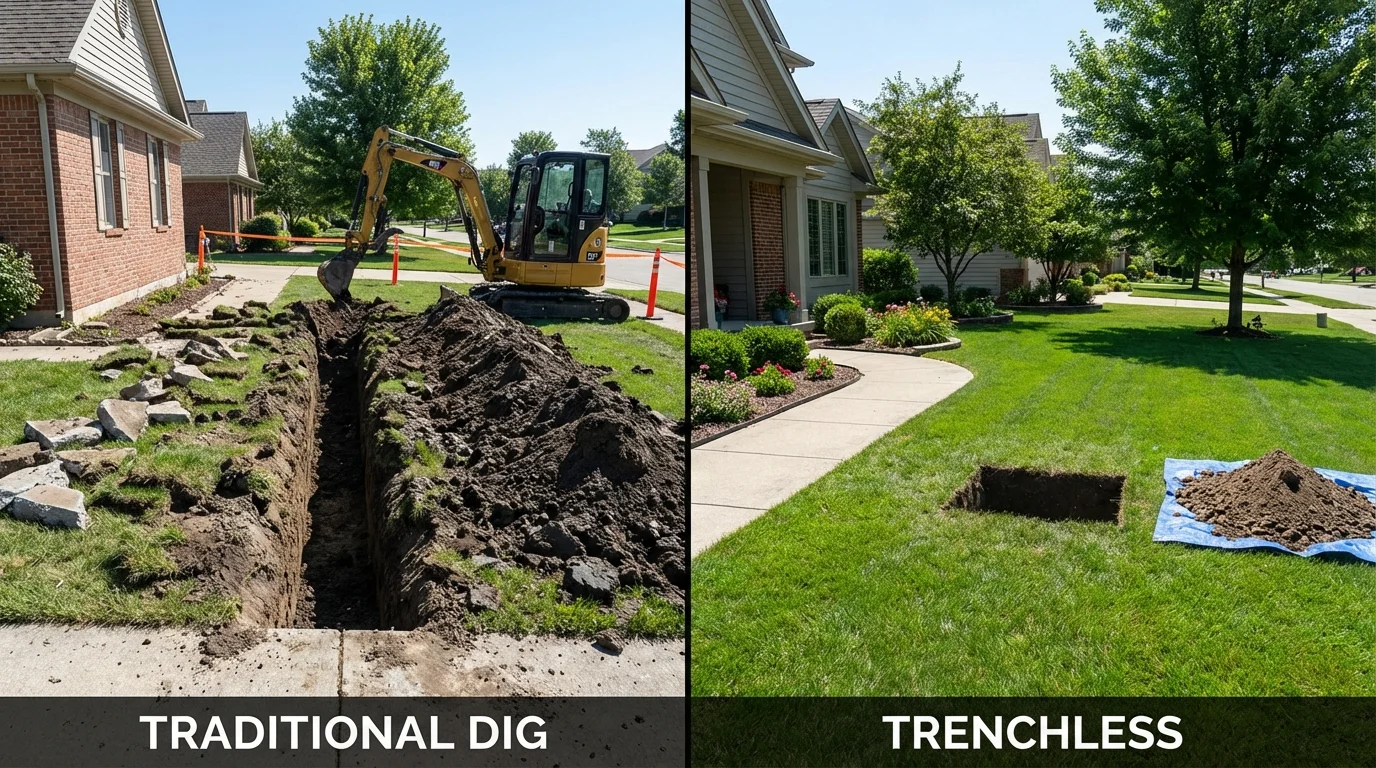 Trenchless sewer repair with minimal yard damage versus traditional excavation in New Paris, IN
