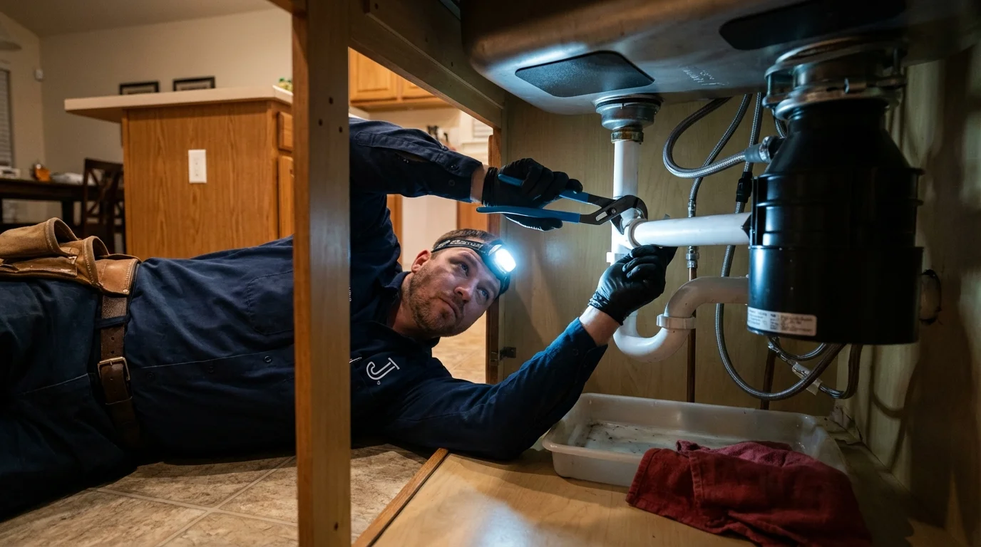 P-trap and supply line connections under a kitchen sink showing a common leak point in New Paris, IN
